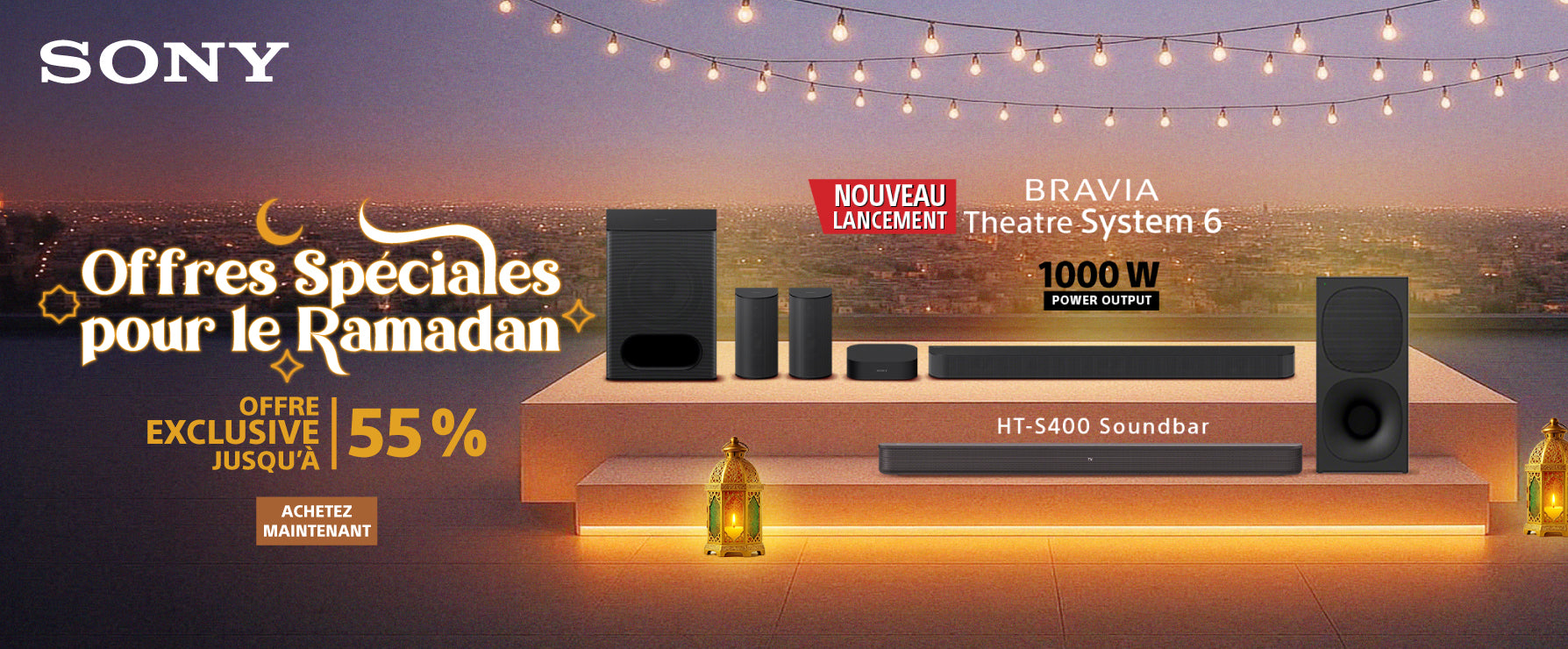 Sony audio system with promotional text for Ramadan offers on a scenic background
