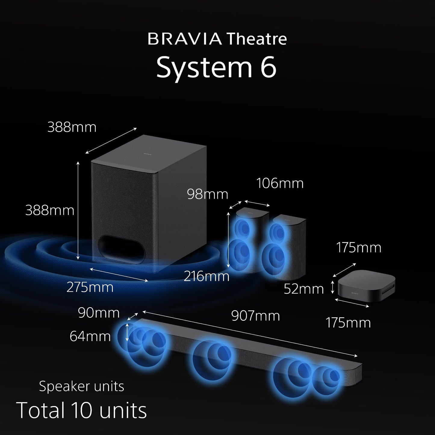 Diagram of BRAVIA Theatre System 6 with dimensions and speaker layout on a black background